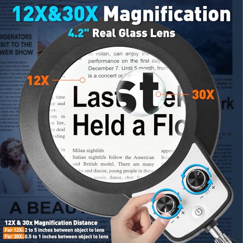 KIRKAS 12X 30X Magnifying Glass with Light and Stand, Overhead Knob 2 in 1 - size: 12X 30X 9.06 INCH Base & Clamp