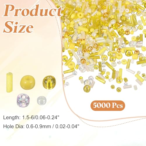 MECCANIXITY 5000 Pcs Mixed Glass Seed Beads, 1.5-6mm Mini Loose Glass Bugle Spacer Bead Embroidery Beads for DIY Craft Projects Earrings Necklaces Bracelets Jewelry Making, Yellow - color: Yellow