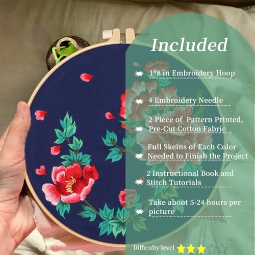 FONNUY 2 Set Crewel Embroidery Kit for Beginners, Fantasy Floral Pre-Stamped Pattern Kits for Adults with Hoop, Easy to Follow Needlework, 8'' (Red)