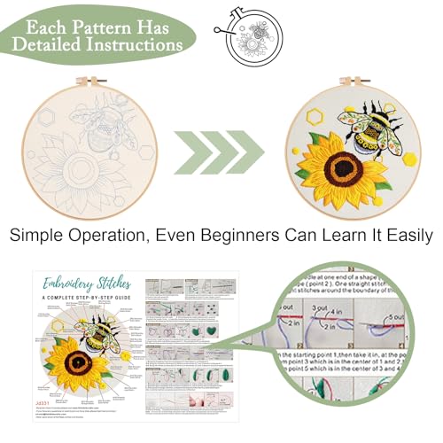 Nuberlic 3 Pack Embroidery Kit for Beginners with Bee Pattern - color: BEE