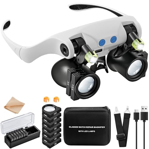 JARLINK Magnifying Glasses with LED Light, 14 Lenses, Hands Free, Black - color: Black