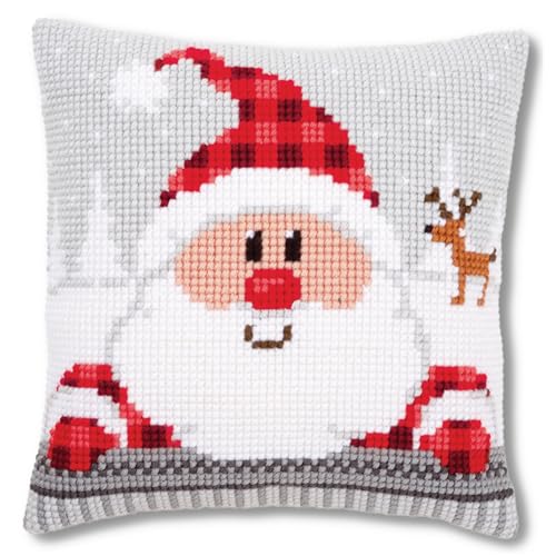 Vervaco Cross Stitch Christmas Pillow Kit Santa Joy DIY Home Decor Stamped Embroidery Chunky Cross Stitch Cushion Craft Supplies ca. 16" x 16" Needlepoint Kits for Adults Creative Gift - size: Santa with Reindeer
