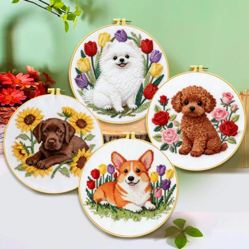 FEIYUENO 4 Set Teddy Cross Stitch Embroidery Kit for Adults Beginner (Dog2) - color: Dog-2