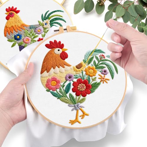 ERKOON Embroidery Kit for Beginners Adult, 2 Set Cross Stitch Set Include Embroidery Cloth Hoops Threads for Craft Lover Hand Stitch with Embroidery Skill Techniques (Rooster) - color: Rooster