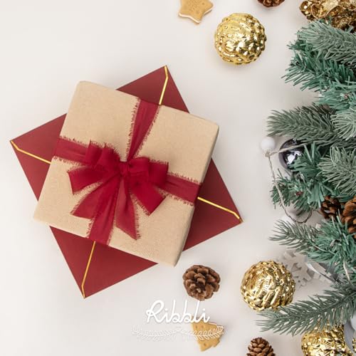 Ribbli Dark Red Ribbon 1 Inch x 3 Rolls Total 24 Yards Handmade Fringe Chiffon Silk Ribbon for Wrapping Wedding Invitations Bridal Bouquets DIY Crafts Home Decor - color: Dark Red
