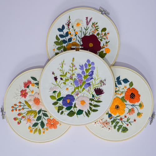 Bonroy Embroidery Kit for Beginners with Instructions,Cross Stitch Kits for Adults with Pattern,Needlepoint Kits for Adult Include Embroidery Cloth Hoops Needles Threads (flowers2) - color: flowers2