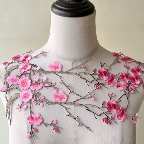 2pcs Iron on Plum Flower Applique Pink Color Embroidery Vine of Floral for Clothing,Costumes - color: Pink