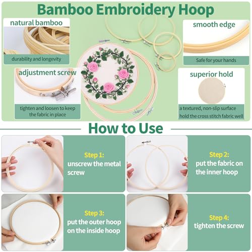 Yauhar 61Pcs Embroidery Kit for Beginners with Needle, Cross Stitch Hoops, 14 Count Aida Cloth, Floss Bobbins, Thread Winder, Thimble, Seam Ripper, Fabric Clips for Craft Embroidery Needlework