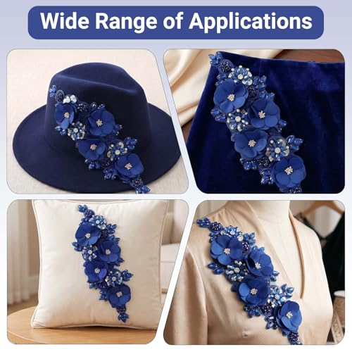 Handmade 3D Flower Embroidery Applique Rhinestone Lace Patches, Royal Blue - color: Royal Blue