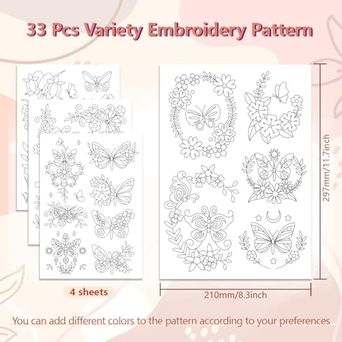 Peacoblue Butterfly, Flower Stick and Stitch Embroidery Patterns - color: Butterfly with Flowers
