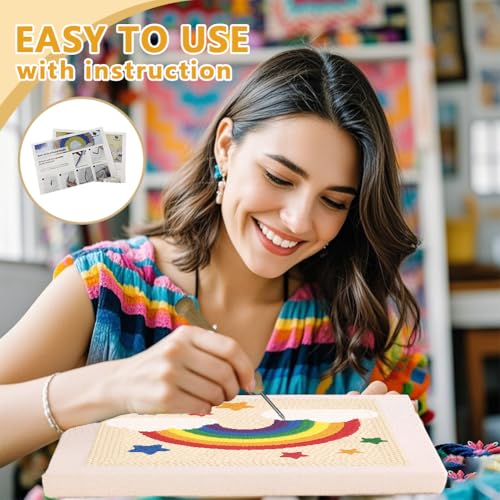 Doodlream Rainbow Star DIY Punch Needle Embroidery Kit for Adult Beginner, 9.4" Rainbow Punch Stitching Craft Set for Starter with Frame, Fabric Pattern, Threader, Yarn, Pinch Needle - color: Rainbow