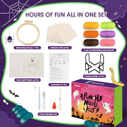 yuegool 6PCS Halloween Punch Needle Coasters Kit – Easy DIY Embroidery Kit for Beginners, Adults & Kids | Includes Patterns, Tools, Yarns, Hoop, Instructions, Coaster Holder - color: Enchanted Oddities, size: 4-inch diameter