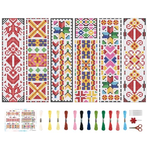 BEUNITONE Cross Stitch Bookmark Kits 6 Pcs Traditional Decorative Patterns Counted Cross Stitch Kit Hand Stamped Embroidery Kit for Beginners Floral Fabric Bookmark Making Kit DIY 8''x2.4'' - style: Pattern 2