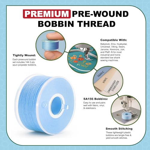 Mandala Crafts Light Blue 15J SA156 Prefilled Bobbin Thread, 144 PCs - color: Light Blue, size: Size A 144 X 142 Yards