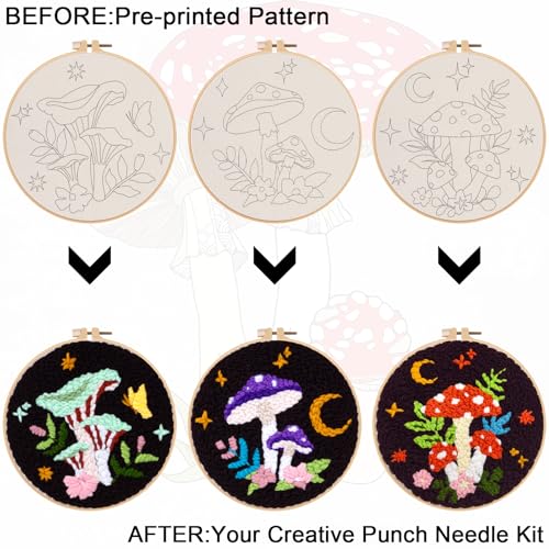 Nuberlic 3 Pack Punch Needle Kits for Beginners Mushroom Embroidery Pattern with Hoop Embroidery Punch Needle Starter Craft Set, Perfect Handmade Gift for Adults & Teens (Beginner-Friendly Crafts)