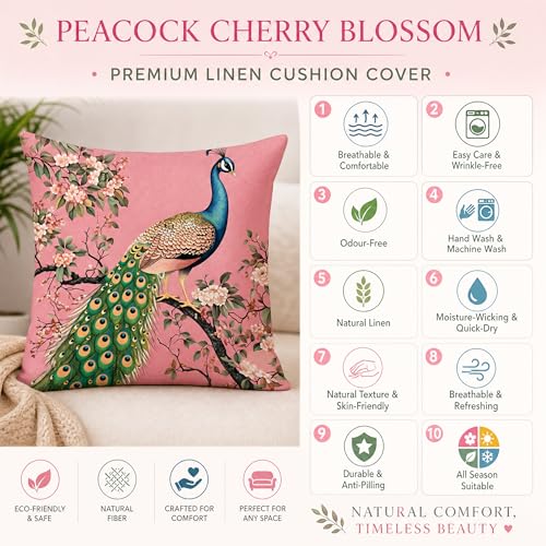 18x18 Pink Chinoiserie Peacock Floral Linen Throw Pillow Cover - color: Pa10051, size: 18" x 18" (Pack of 1)