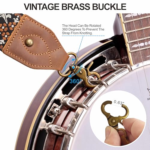 Nefelibata Banjo Strap,2"Wide Double Crazy Horse Leather Jacquard Embroidery Strap Adjustable Replacement,Multi-pattern Strap With Metal Clips - color: A#-embroidery Brown Flower