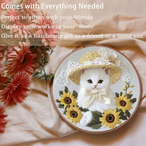 FONNUY White Kitten Embroidery Kit, Sunflowers Cat Lace Hat Cross Stitch Kits for Beginners, Handmade Crafts with Printed Patterns for Adults, Color Thread Needlework, 8'' Hoop (Cat 04) - color: Cat 04