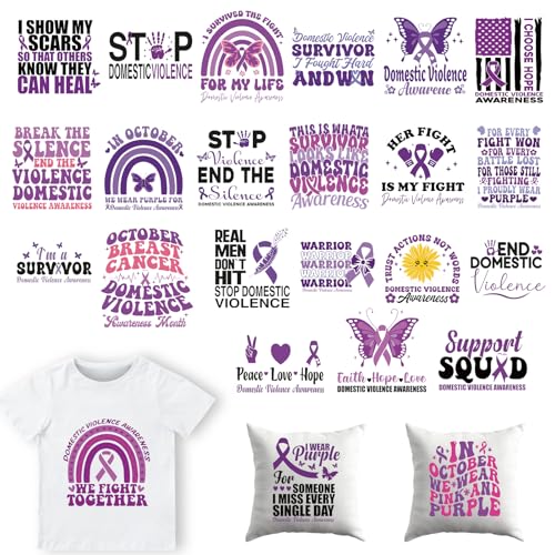 Dazoratix Domestic Violence Iron on Transfers - 24 Sheets Purple Ribbon DTF Ready to Press Heat Patches Bulk Abuse Awareness Vinyl Designs Stickers Decals for T Shirts Clothes Bag DIY Crafts Appliques - style: Domestic Violence Awareness