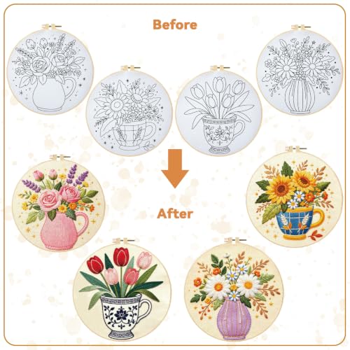 BEUNITONE 4 Set Embroidery Kits for Beginners, Flower Arrangement Design with Pre-Stamped Pattern Craft Kits Include Instruction and Hoops, 7.9x7.9 Needlepoint Kits for Festival Gifts and Home Decor - style: B-Flower Arrangement
