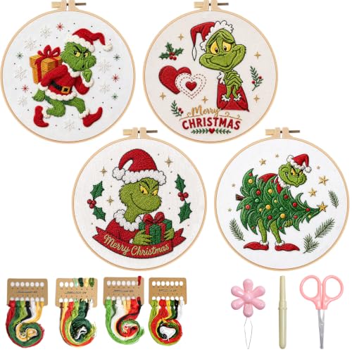 TPZBWG Embroidery Kit, 4 Pack Cross Stitch Kits,DIY Embroidery Starter Kit for Adults & Beginners, DIY Needlepoint Kit with Embroidery Hoop Thread Needle for Craft Lover Birthday Gifts (Green& White) - color: Green& White