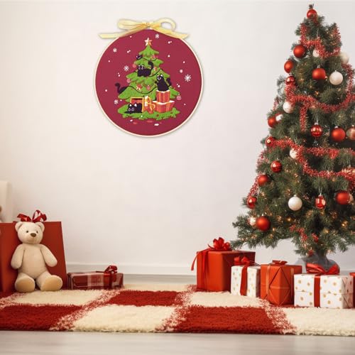 artcici Embroidery Kits Christmas Tree Black Cat Patterns for Beginners Adults, Full Range Embroidery Starter Kits Cross Stitch Needlework Supplies (Black Cat) - color: Black Cat