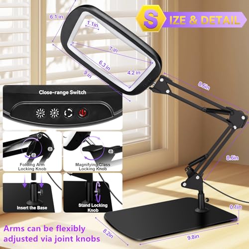 10X 30X Extra Large Magnifying Glass with Light and Stand 7-inch - color: Black