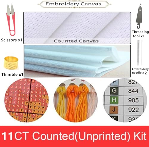 Dimensean Counted Cross Stitch Kit for Beginners, 11CT Unprinted Cross-Stitch Kit Easy Patterns Needlepoint Kit Cross Stitching Embroidery Kit Supplies-Cat Books Flowers 18x18 inch - color: DIYColor20