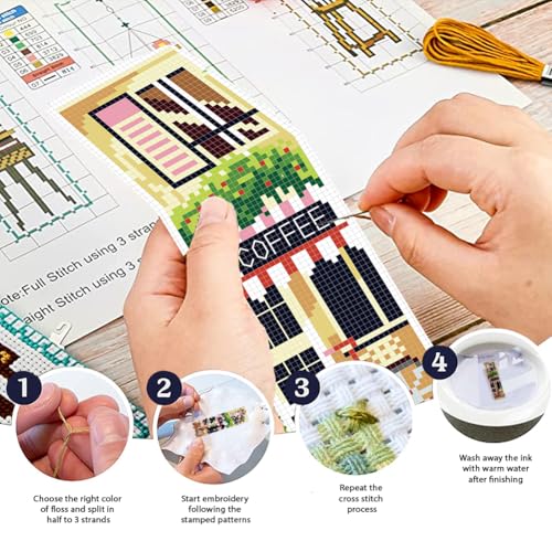 FREEBLOSS 6 Set Cross Stitch Bookmark Kit 11 CT Stamped Cross Stitch Kit DIY Embroidery Bookmark Kits for Adult Beginners with Instructions, Parisian Street Scenes, 6 x 20 cm/8" x 2.4" - style: Paris Theme