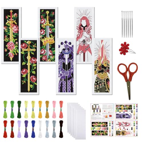 FREEBLOSS 6 Set Cross Stitch Bookmark Kits Sword & Rose Pattern Stamped Cross Stitch Kit 11CT Embroidery Kit with Instructions for Adults Beginners 20x6cm/8x2.4inch - style: Knight&Sword&Rose
