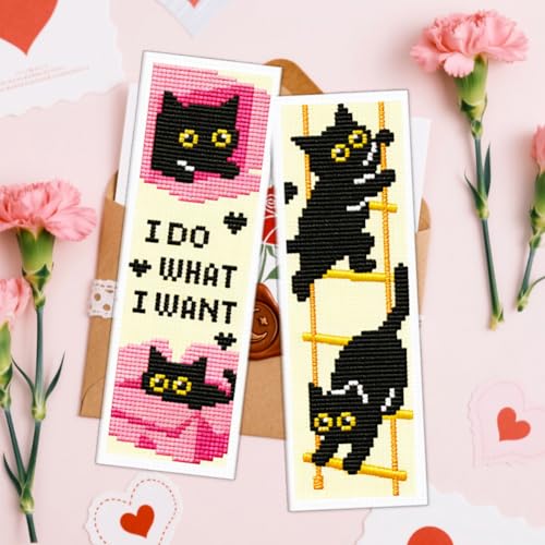 ACRNIGHEET 6PCS Cross Stitch Bookmark Kit for Beginner Stamped Cross Stitch Kits for Adults Naughty Black Cat DIY Tassel Embroidery Bookmark Kits Needlepoint Kit with Instructions Gift 8.5''x3'' 11CT - style: Cat Patterns