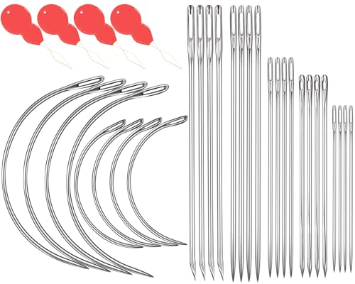 Heavy Duty Hand Sewing Needles Kit, 28 PCS Leather Sewing Needles with 20 Leather Hand Sewing Needle and 8 Curved Needle for Home Upholstery, Leather Needles for Hand Sewing, Carpet Canvas Repair - color: 28PCS&7SIZE