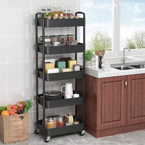 Sywhitta 5-Tier Plastic Rolling Utility Cart with Wheels,Black - color: Black, size: 5-tier