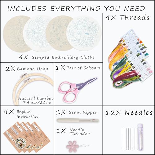 Bonroy 4 Sets Embroidery Set for Beginners Art Crafts Easy Sewing Includes Embroidery Clothes with Pattern, Hoop, Instruction Manual, Color Stitch Set (Assorted 1) - color: luxuriant flowers
