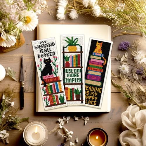 ACRNIGHEET 6PCS Counted Cross Stitch Bookmark Kits for Beginners Bookshelf - style: Words and bookshelf patterns