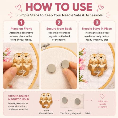 Needle Minder for Keeping Sewing & Embroidery Needles – Magnetic Needlepoint Holder, Cross Stitch Supplies – Secure & Decorative Needle Minders for Stitching & Crafting (Cute Otters)