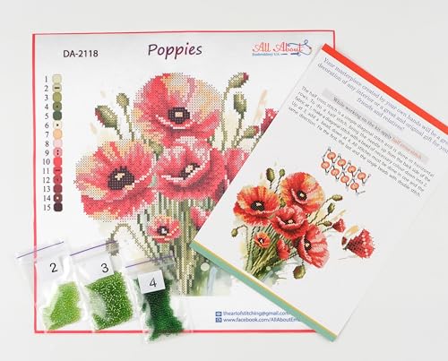 AllAboutEmbroideryUA Bead Embroidery kit Poppies DA-2118 Beaded Cross Stitch Floral Needlework kit