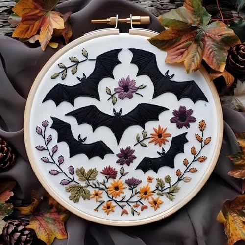 MGARDENMYI Floral Witch Hat Embroidery Kit Halloween Cross Stitch Material Set with Bat Skull Flower Pumpkin Patterns, DIY Hand Needlepoint Embroidery Craft Kit for Beginners Professional (Set of 7) - color: Set of 7