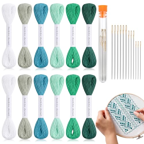 Zeyune 12 Pcs Sashiko Thread Kit with Needles, Green, 100% Cotton 20m Each - color: Green