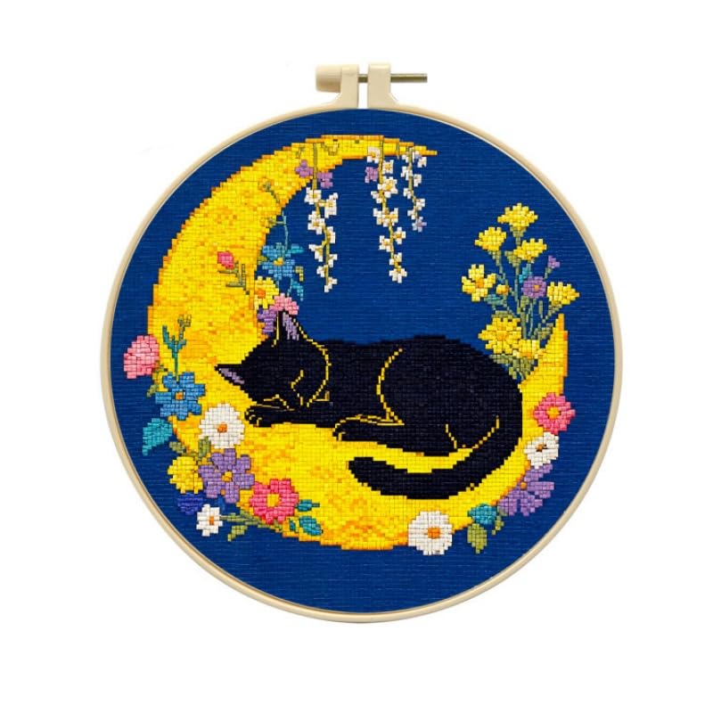 LSLFQYQSK Beginners Embroidery Kits - The Little Cat at Night DIY Cross Stitch Kits,Including,Stamped Flower Patterns,Hoop,Color Threads,Tools (Style A) - style: Style A