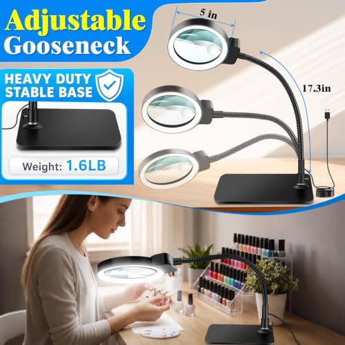30X 10X Large Magnifying Glass with Light and Stand,LED Magnifier Desk Lamp - color: Black