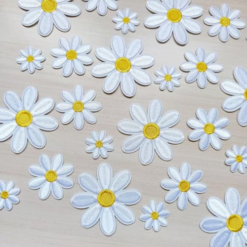 24pcs Daisy Flower Iron on Patches White, 3 Sizes Floral Embroidered Patches Applique for Clothes Hats Jeans Jacket - color: White Daisy
