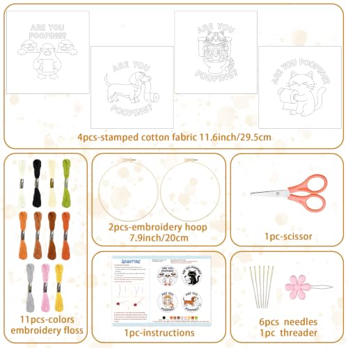 BEUNITONE 4 Pack Beginner Embroidery Kit for Adults, Funny Animal Pre-Stamped Pattern Needlepoint Kits with Hoop, Tools & Instruction, 7.9"x7.9" Hand Embroidery Kits for Fabric and Home Decor - style: D-Are You Pooping