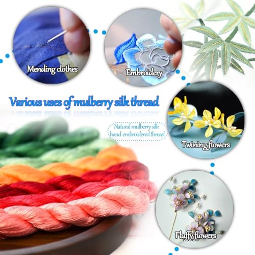 Natural Silk Thread – 6 Colors, 110m Each, Hand-Dyed Premium Silk Floss for Fine Embroidery, Needlepoint, and Handcrafts - color: 02