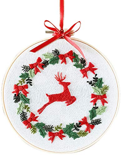 Embroidery Kit Red Christmas Deer Flowers Wreath Awesocrafts Full Range of Embroidery Starter Kits for Beginners Adults Kids DIY Handmade Easy Patterns (Red Deer) - color: Red Deer