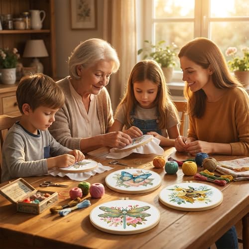 3 Pack Cross Stitch Kits for Beginners-Insects and Flowers,with Hoop 8x8in - color: Insects and Flowers