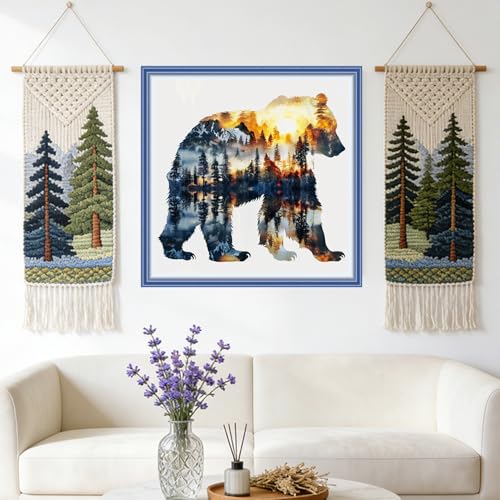 Redxing Stamped Cross Stitch Kits Full Range of Embroidery Starter Kits- Needlepoint Counted Cross Stitch Kits for Beginner Adults 11CT Printed Embroidery Kit-Magic Abstract Bear 18x18 inch - color: DIYArtsKit11