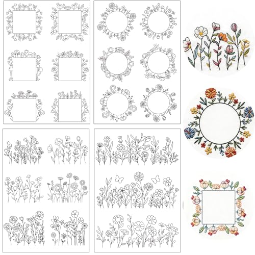 Flower Water Soluble Embroidery Patterns, 4 Sheets Stick and Stitch Embroidery Papers Wash Away, Transfer Paper with Pre-Printed Floral Leaves Designs for Hand Sewing Lovers Beginners DIY Crafts Gifts - size: Flower A