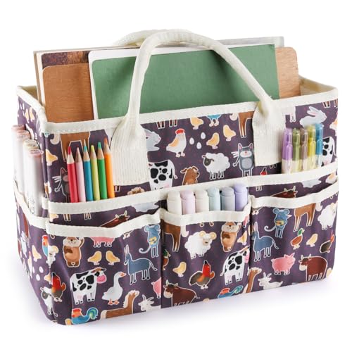 Craft Organizer Tote Bag with Multiple Pockets,Scrapbooking Art Storage - color: Purple animals
