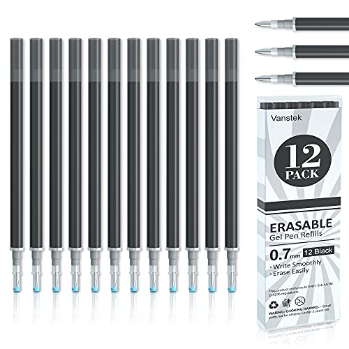 Vanstek 12 Black Erasable Gel Pen Refills, Gel Ink Refills Compatible with Erasable Pens, Fine Point 0.7 mm, Perfect for Writing Planner & Crossword Puzzles - color: 12 Pack Black Refills
